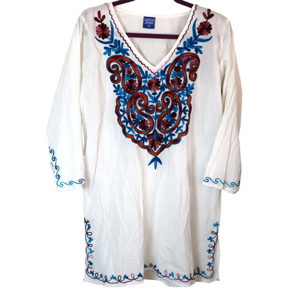 California Woman Cotton Swimsuit Cover Plus 1X Resort Dress Embroidered White